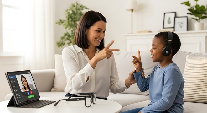 Woman teaches boy sign language during video call learning