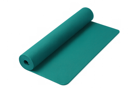 Teal yoga mat partially rolled, lying flat against transparent background, preparing for fitness routine