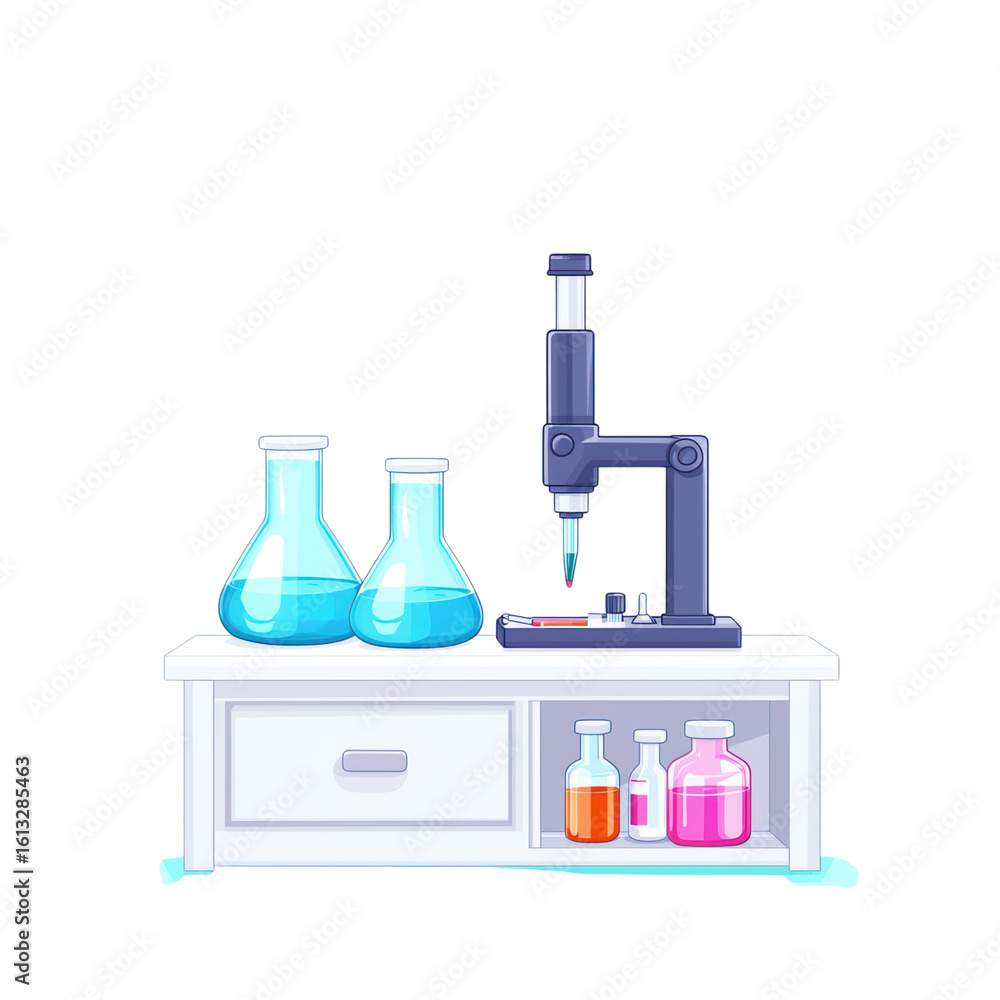 Poster laboratory equipment with beakers and microscope in workspace, isolated on transparent background.