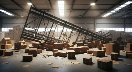 A catastrophic warehouse accident scene with a toppled industrial shelf and falling boxes