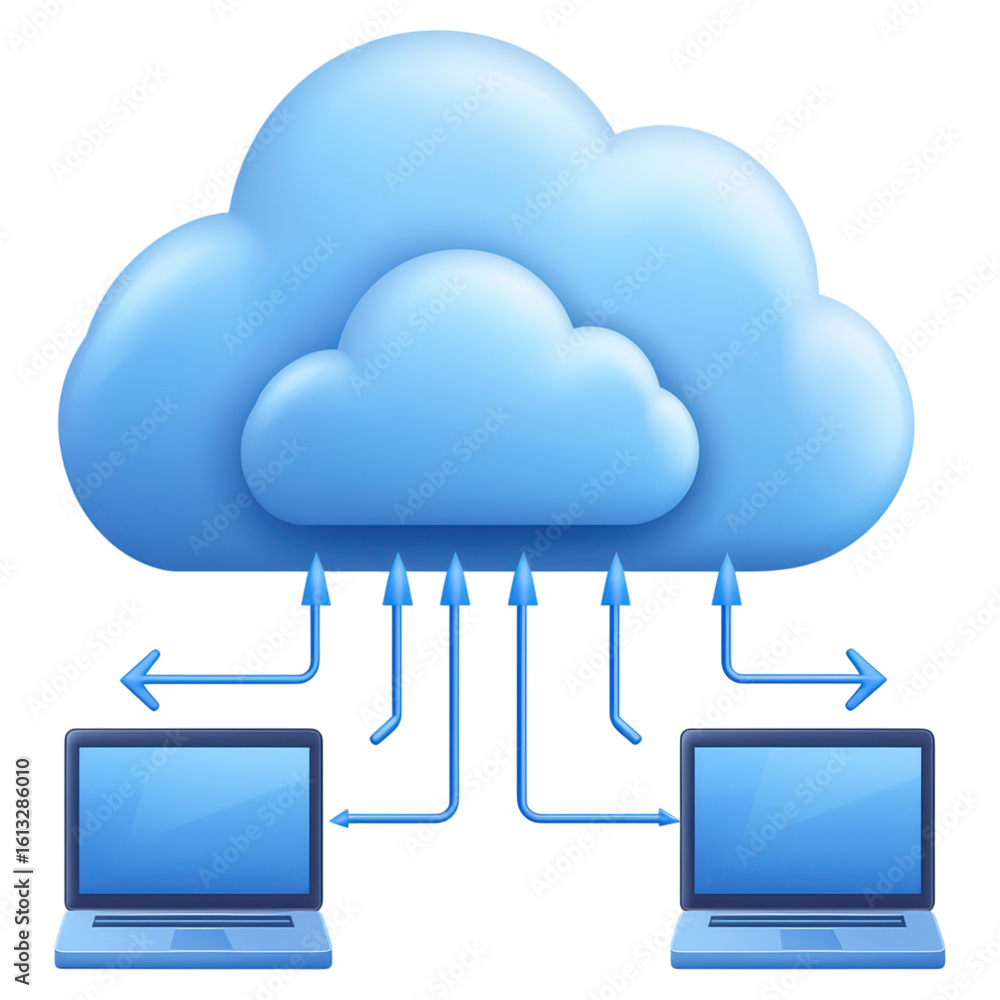 Poster cloud computing data transfer between devices concept design, isolated on transparent background.