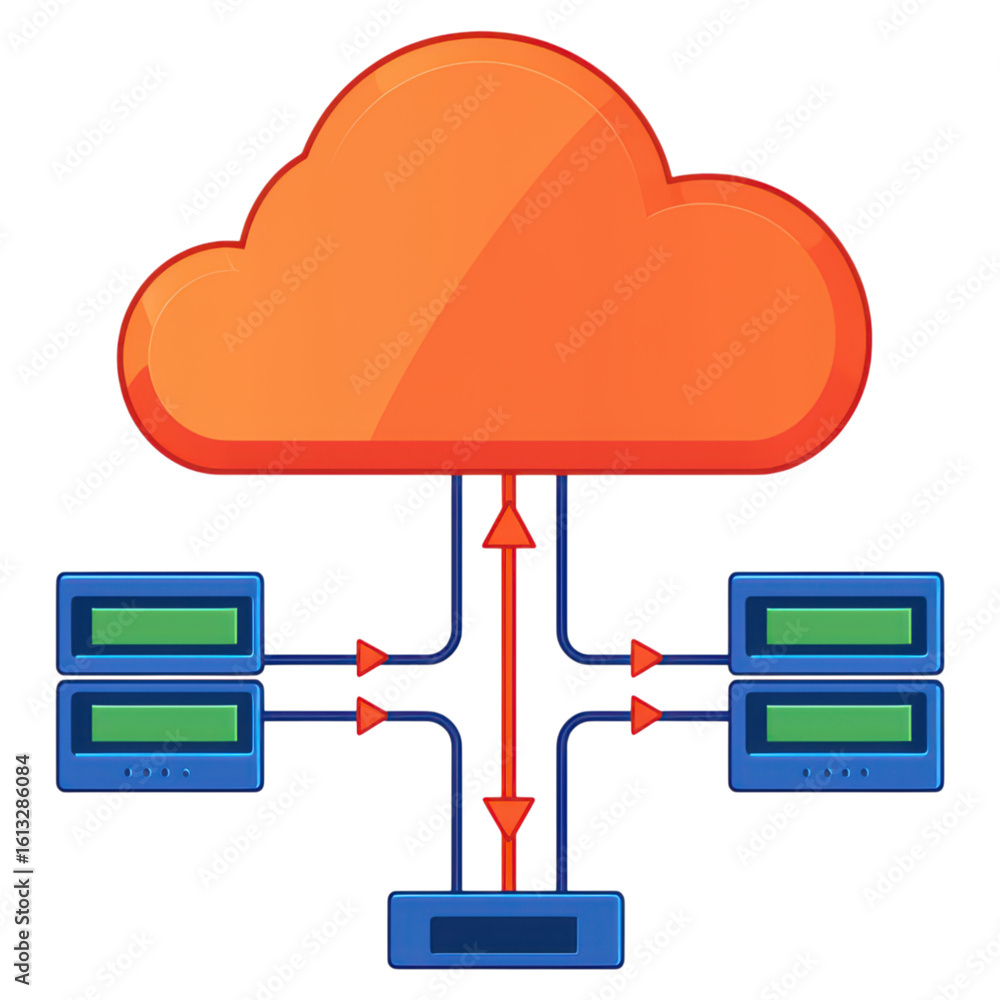 Poster cloud computing data management with servers and network, isolated on transparent background.