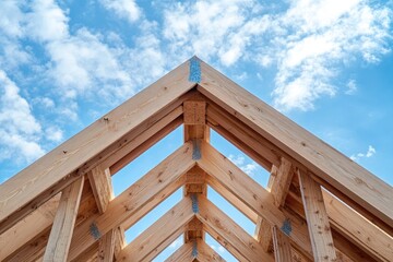 Close-up view of a wooden roof frame against a partly cloudy sky.