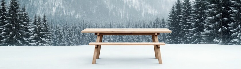 Wooden Table in Winter Forest, Mockup , Display
