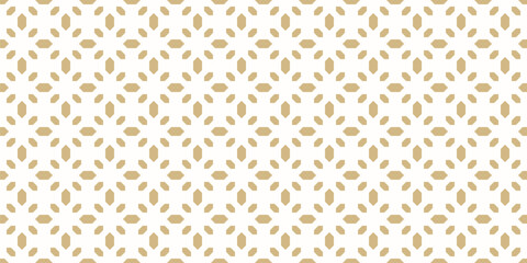 Luxury golden minimal background. Vector geometric seamless pattern with small diamond shapes, gems, flowers. Simple white and gold shiny abstract repeated geo texture. Royal design for decor, print