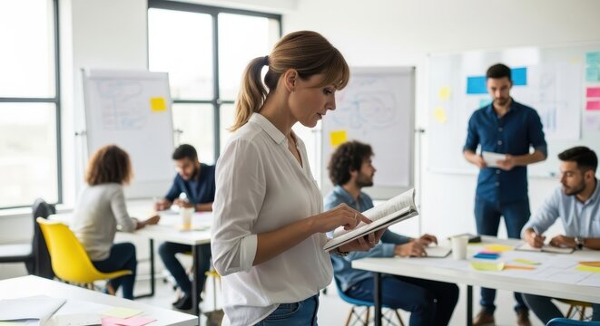 Focused businesswoman reviewing her notebook during a team brainstorming session in a modern office