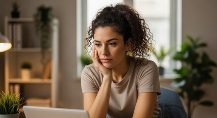 Bored woman feeling tired and stressed while waiting for a slow computer at her home office.