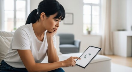 A frustrated woman rests her head on her hand while waiting for a slow loading screen on her tablet