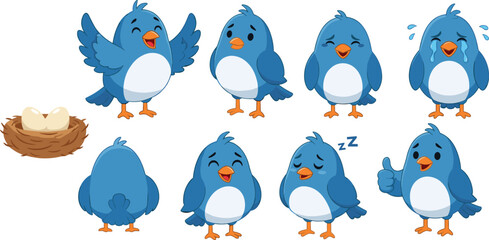 Cartoon blue birds with emotions, cute bird characters, nest with eggs, happy sad crying sleeping, vector animal illustration set
