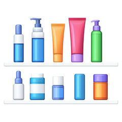 Colorful Collection of Cosmetic Bottles and Containers on Shelf, isolated on transparent background.