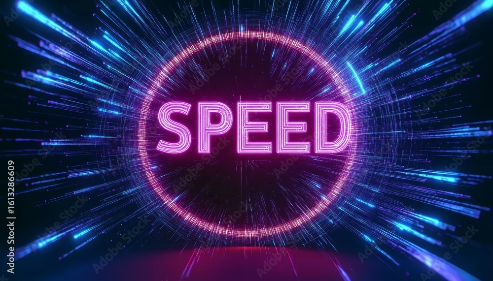 Poster futuristic neon speedometer displaying speed surrounded by glowing data rings and burst effects