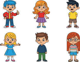 Collection of cartoon kids in colorful clothes, happy children characters, isolated on white background, cute boys and girls illustration set