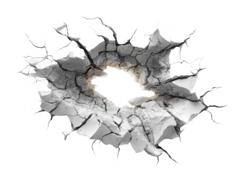 Breaking through cracked wall texture artistic display abstract. Isolated on transparent background, png. isolated on transparent background, png