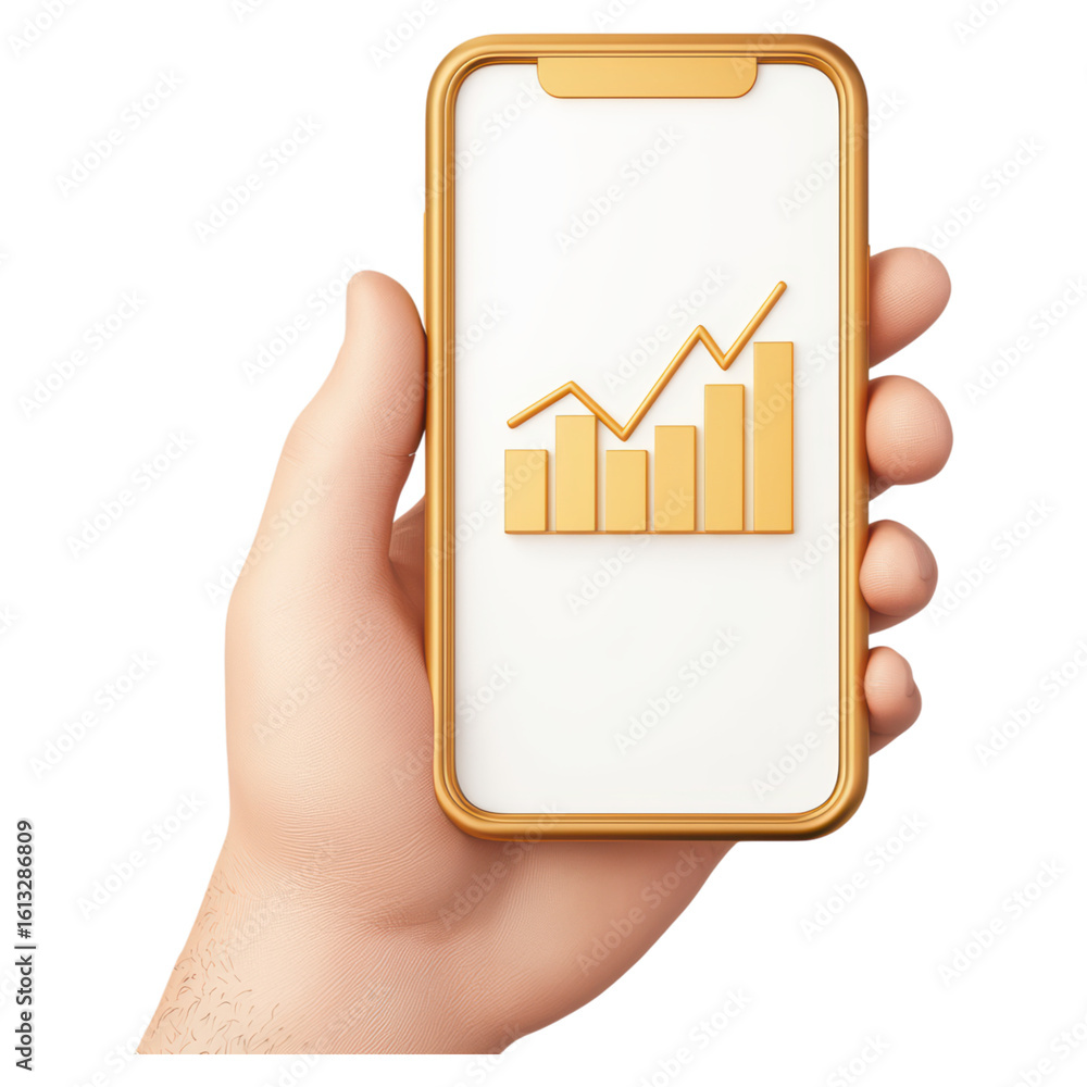 Poster mobile phone displaying a growth chart in a hand, isolated on transparent background.