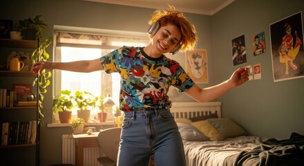 Joyful young woman with headphones dancing happily in her sunlit bedroom at home