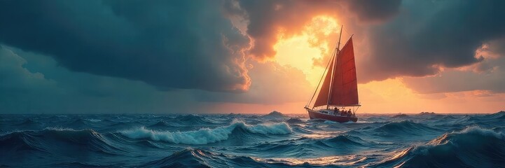 A lone sailboat navigates turbulent waters under a dramatic, stormy sky; embodying courage and the thrill of exploration , vessel, adventure, uncharted