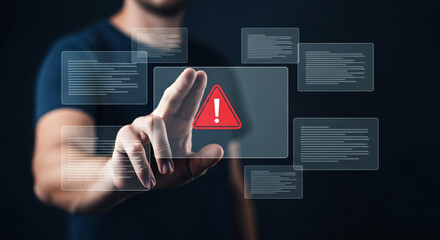 Man Touching Virtual Screen with Red Warning Icon for Cybersecurity Threat
