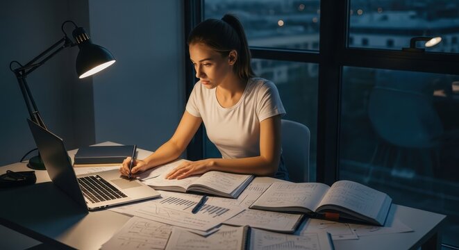 A dedicated female student or entrepreneur working diligently late into the evening at her desk. - Powered by Adobe