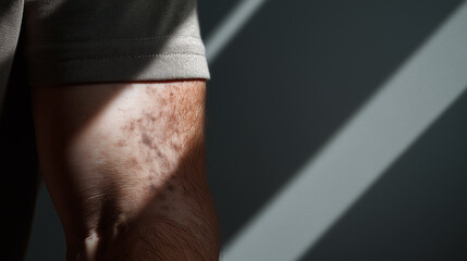 Leg with old scar and dark patchy skin close up under soft light on gray background showing natural skin texture and hair