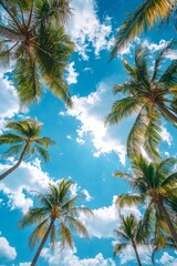 Palm trees with lush leaves rise to meet a vivid blue sky, their shadows and sunlight creating a dreamy tropical mood.