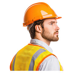 Professional Male Construction Worker in Safety Gear Profile, isolated on transparent background.