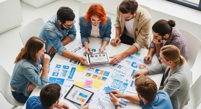 Overhead shot of a creative business team collaborating on a project with a tablet and documents.