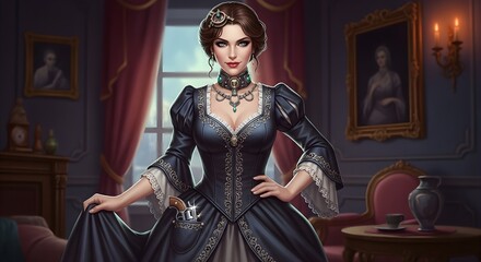 Femme fatale posing elegantly in vintage dress with jewelry in a luxurious setting. Femme fatale is standing in front of rich decor and paintings. Concept femme fatale imagery for adventure novels.