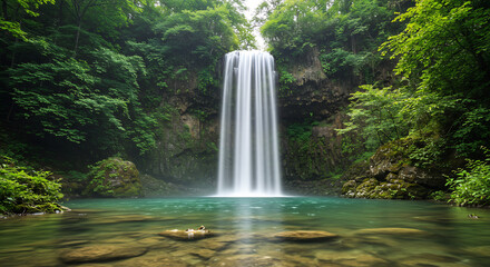 majestic waterfall cascading into a crystal-clear pool, surrounded by lush green foliage