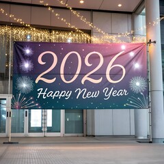 Large 2026 Happy New Year banner with fireworks and string lights displayed outdoors image