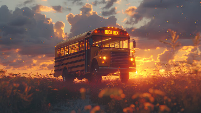 School Bus in Field at Sunset with Glowing Clouds