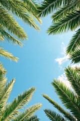 Palm fronds radiate outward in a starburst pattern against the sunlit sky, adding a dynamic view to the tropical canopy.
