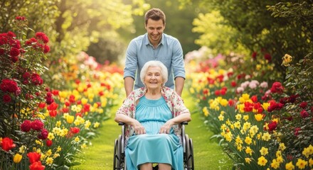 Happy senior woman in a wheelchair with her caregiver strolling along a colorful garden walkway