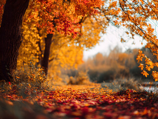 Autumn background, wallpaper with falling leaves of bright red and orange color. Neural network AI generated art