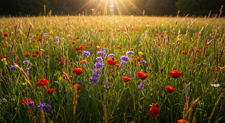 vibrant, sun-drenched meadow filled with wildflowers, with a gentle breeze rustling through the tall grass
