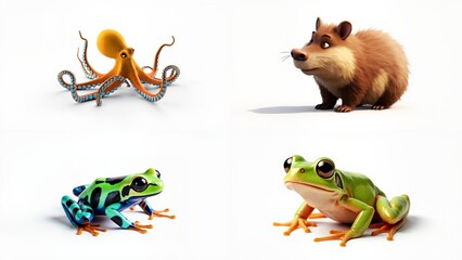 Four different types of animals sitting on a white surface background motion depth creative backgrounds gesture scene layers expression composition cartoonish style colorful emotion