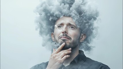 Businessman holding his issues with storm clouds and lightning inside his mental symbolizing head, health head video 4k
