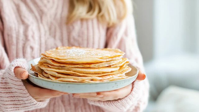 Woman holding plate of homemade pancakes in cozy sweater setting