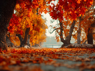 Autumn background, wallpaper with falling leaves of bright red and orange color. Neural network AI generated art