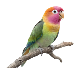 Colorful lovebird perched on a branch nature wildlife. Isolated on transparent background, png. isolated on transparent background, png