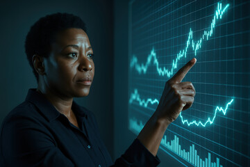 Confident businesswoman analyzing digital financial chart with rising trend lines and data points in a modern office environment
