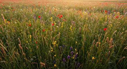 vibrant, sun-drenched meadow filled with wildflowers, with a gentle breeze rustling through the tall grass
