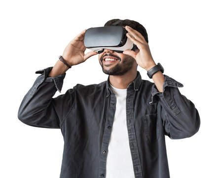 Young man using virtual reality headset isolated in transparent PNG, VR, future, gadgets, technology concept