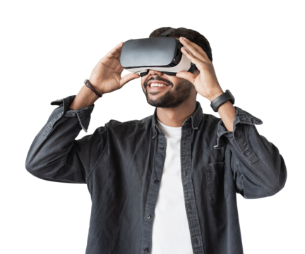 Young man using virtual reality headset isolated in transparent PNG, VR, future, gadgets, technology concept