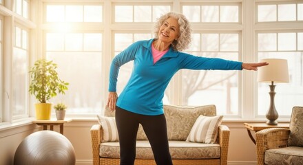 Healthy senior woman smiling while doing light stretching exercises in her bright home.