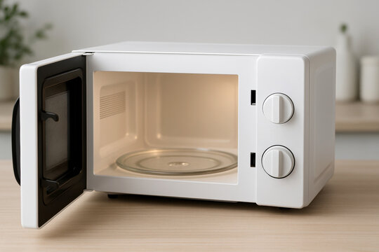 Modern white microwave oven with open door and control knobs displayed on wooden kitchen countertop in minimalist interior