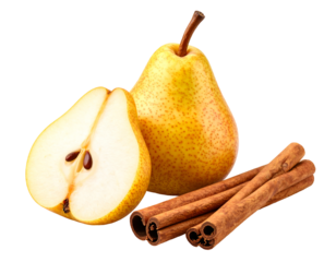 Whole and sliced pear with cinnamon sticks on black background