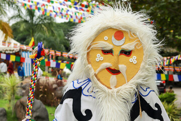 A Tibetan folk artist dressed in religious costume, traditional, buddha, colorful, dancer, face mask, masquerade mask during Buddhist New year celebration in Mysore, India.