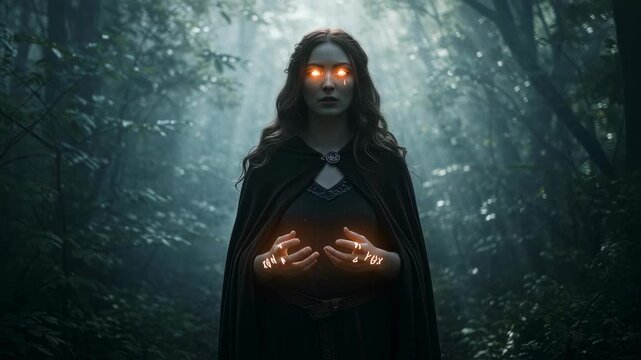 A woman in a black cloak with glowing eyes and hands stands in a mystical forest. Dark fantasy concept video footage.