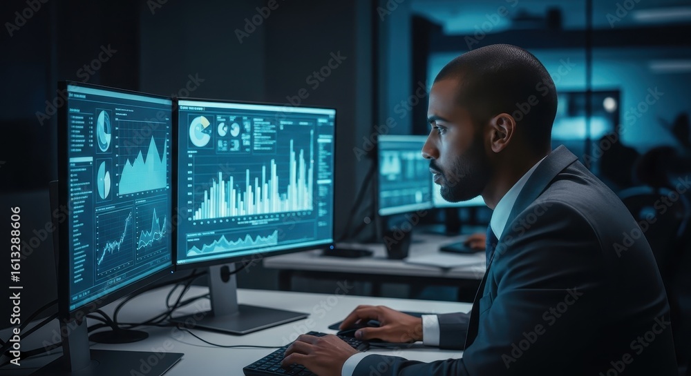 Poster business analyst studying intricate data graphs on multiple monitors in a modern workspace