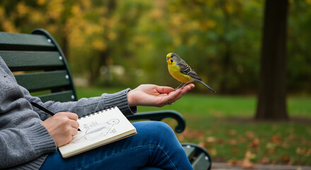 person sitting peacefully on a park bench, sketching in a notebook, with a small, friendly bird perched on their hand